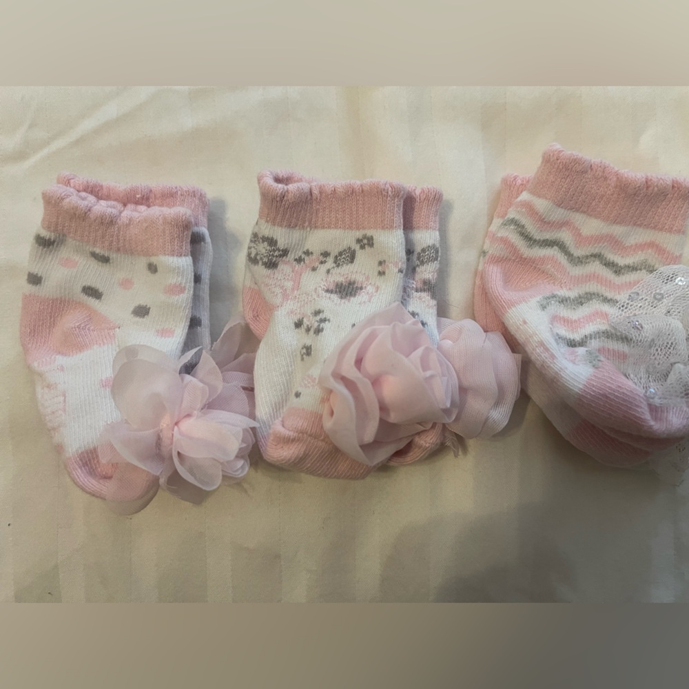 Pink and White Baby Socks with Floral Accents